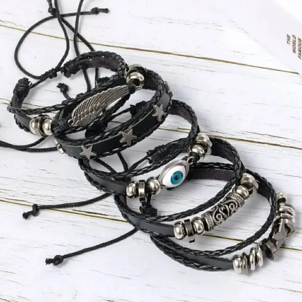 NWT Set Of 5 Black Leather Adjustable Braided Woven Bracelets Chrome Charms